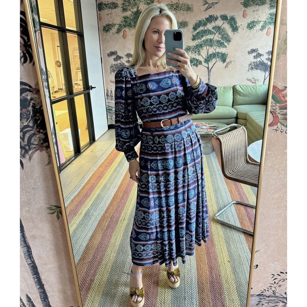 Hunter Bell Adrian Dress Garden Mosaic Size 4 Blue Silk Blend Midi Boho NWT